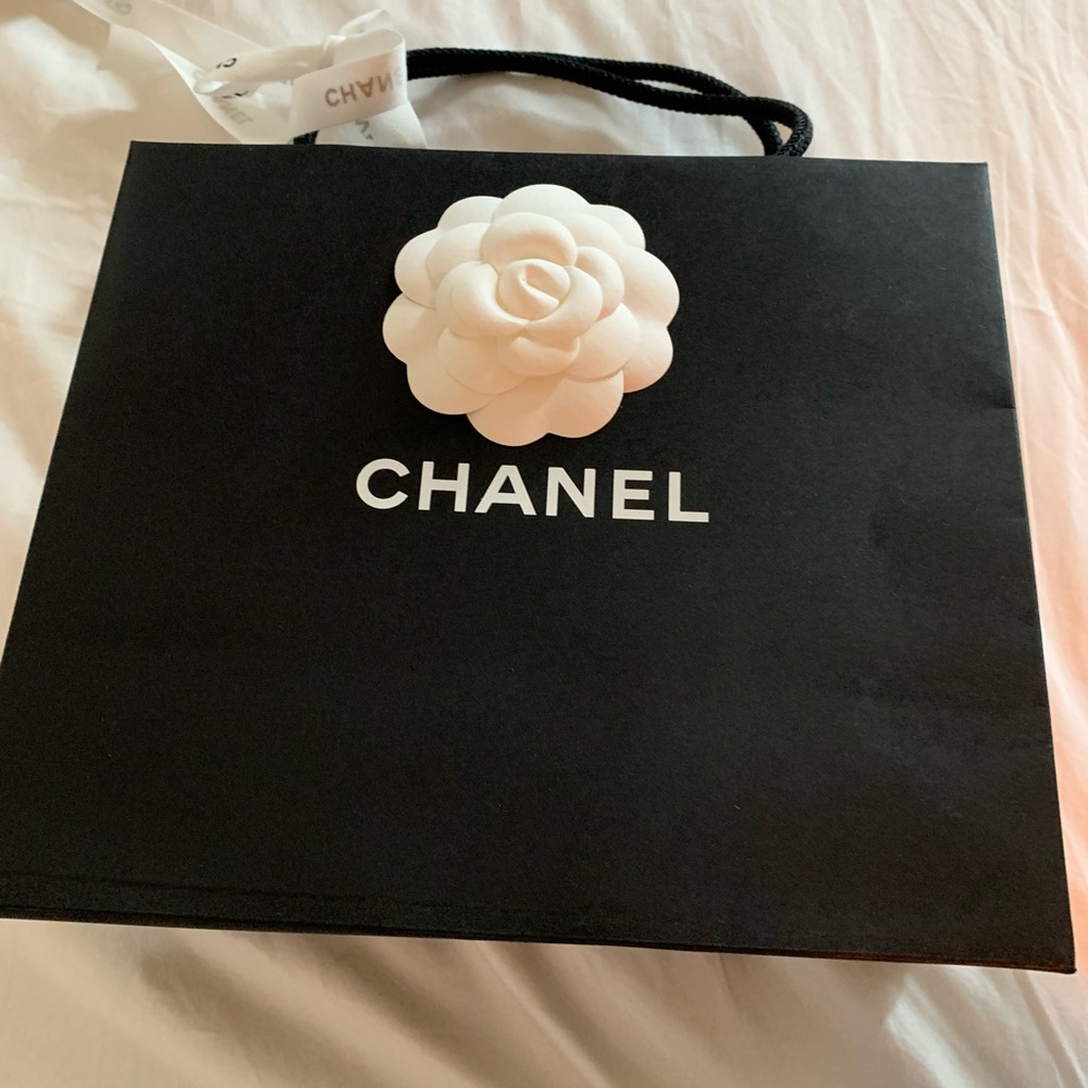 Chanel Black Shopping Bag with ribbon and camellia , authentic
